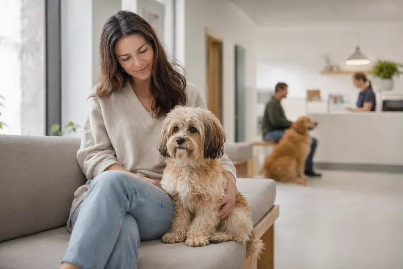 Ein Petit Chien Lion sitzt ruhig neben seinem Besitzer im hellen Wartezimmer einer modernen Tierarztpraxis.